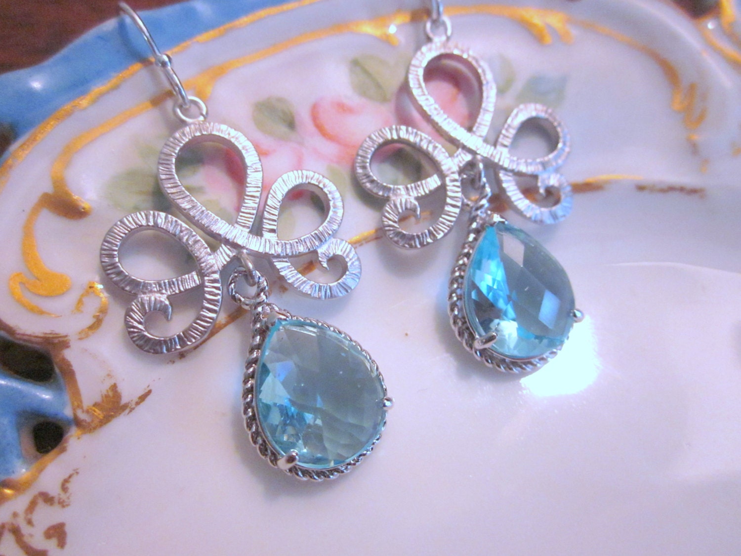 Blue Aquamarine Earrings Silver Tiara Connectors Bridesmaid | Etsy