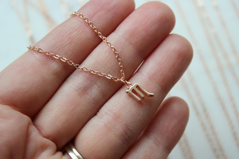 May include: A delicate gold chain necklace with a small, detailed Scorpio zodiac sign pendant.
