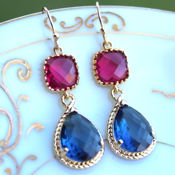 Sapphire Navy Blue Earrings Fuchsia Pink Earrings Gold Two Tier Pink Bridesmaid Earrings Wedding Earrings Fuchsia Navy Bridesmaid Jewelry