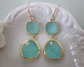 Aqua Blue Earrings Gold Mint Earrings - Bridesmaid Earrings Wedding Earrings Valentines Day Gift Holiday Present