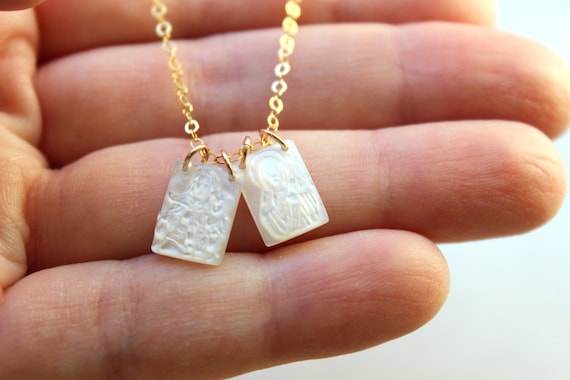 14k Gold Filled Scapular Necklace, Pearl Scapular Jewelry, Virgin Mary Necklace, Religious Gift, Catholic Necklace, Christmas Gift