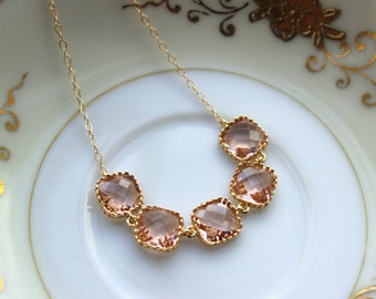 Champagne Blush Necklace Gold Plated Peach Necklace - Bridesmaid Gift - Bridal Necklace Champagne Blush Wedding Jewelry - Bridesmaid Jewelry