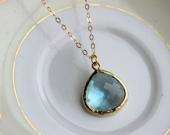 Blue Aquamarine Necklace Gold Plated Large Aqua Pendant - Gold Filled Chain - Wedding Jewelry - Bridesmaid Jewelry - Something Blue