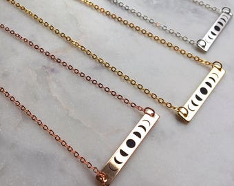 Moon Phase Necklace, Gold Bar Necklace, Rose Gold Moon Necklace, Gold Moon Necklace, Silver Moon Necklace, Moon Phases, Moon Phase Jewelry