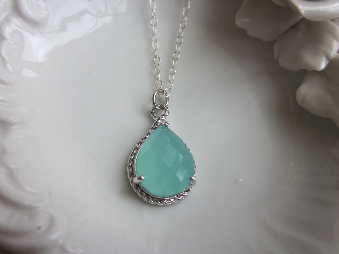 Pacific Aqua Mint Blue Necklace Silver Teardrop Sterling Silver Chain