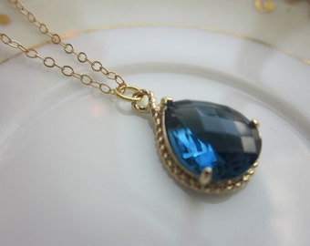 Sapphire Necklace Navy Blue Gold Teardrop Jewelry - 14k Gold Filled Chain - Bridesmaid Jewelry - Wedding Jewelry - Valentines Day Gift