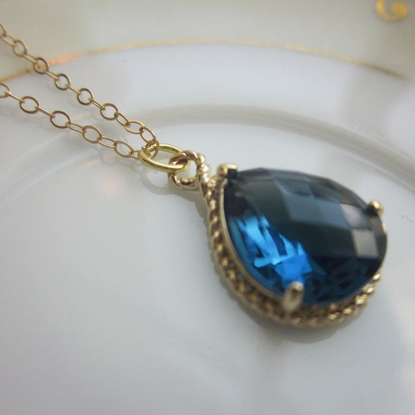 Sapphire Necklace Navy Blue Gold Teardrop Jewelry - 14k Gold Filled Chain - Bridesmaid Jewelry - Wedding Jewelry - Valentines Day Gift