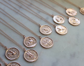 Rose Gold Zodiac Necklace, Zodiac Coin Necklace, Zodiac Disc Necklace, Zodiac Jewelry, Celestial Jewelry, Zodiac Sign Necklace, Horoscope