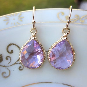 Lavender Earrings Purple Gold Teardrop Pendant - Bridesmaid Earrings Wedding Earrings Bridal Earrings Valentines Day Gift
