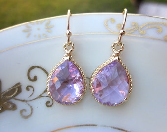 Lavender Earrings Purple Gold Teardrop Pendant - Bridesmaid Earrings Wedding Earrings Bridal Earrings Valentines Day Gift