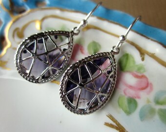 Amethyst Earrings Purple Silver Twisted - Bridesmaid Earrings - Wedding Earrings - Bridesmaid Jewelry