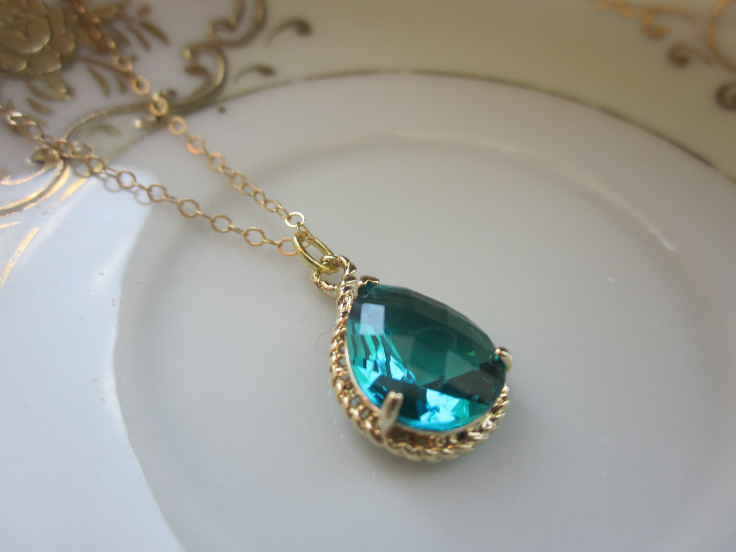Sea Green Necklace Gold Teardrop 14k 