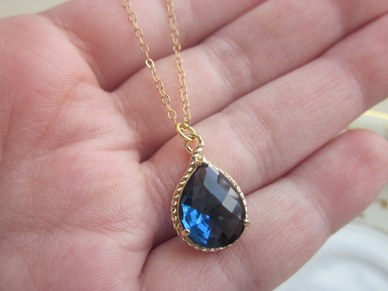 Sapphire Necklace Navy Blue Gold Teardrop Jewelry 14k Gold Etsy
