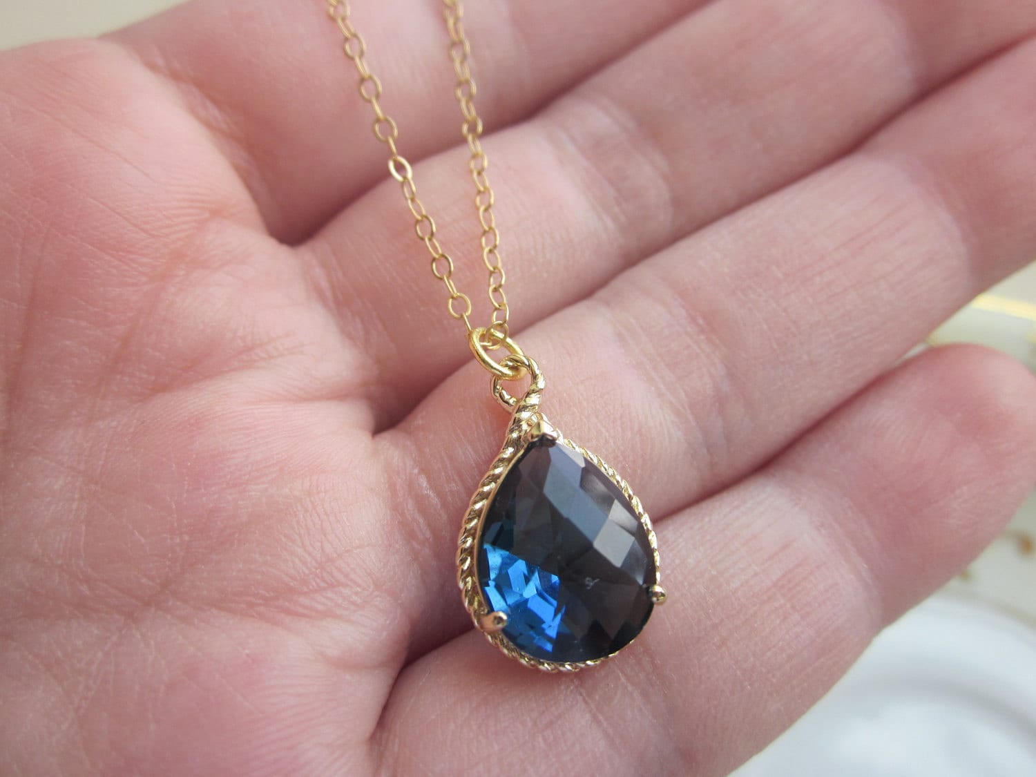 Sapphire Necklace Navy Blue Gold Teardrop Jewelry 14k Gold Etsy