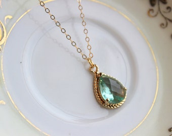 Green Prasiolite Teardrop Necklace Gold - 14k Gold Filled Chain - Bridesmaid Necklace - Prasiolite Green Bridesmaid Jewelry Wedding Jewelry