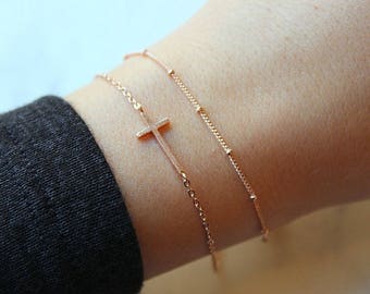 Dainty Bracelet Set, Rose Gold Sideways Cross, Sideway Cross, Dew Drop Bracelet, Dew Drops, Dew Drops Bracelet, Trending Now, Cross Bracelet