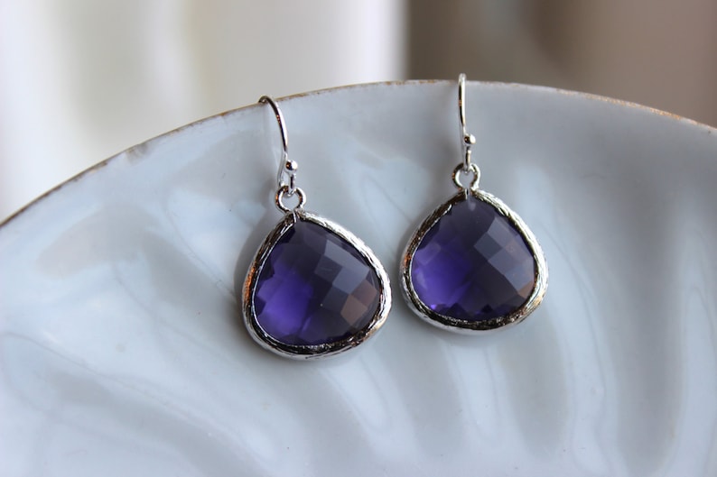 Large Tanzanite Earrings Silver Plated Purple Glass Pendant - Etsy