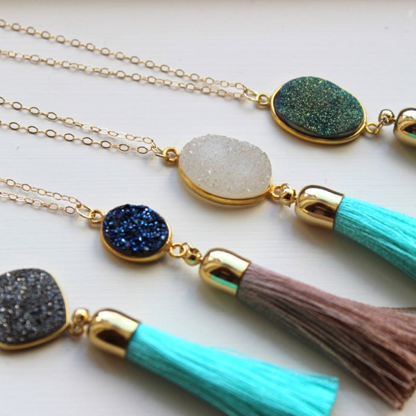 Gold Tassel Necklace, Druzy Necklace, Fringe Necklace, Tassel Jewelry, Drusy Necklace, Fringe Jewelry, Statement Necklace, Layering Necklace