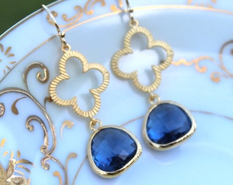 Sapphire Navy Blue Earrings Gold Clover Quatrefoil Earrings Jewelry - Bridesmaid Earrings - Wedding Earrings - Sapphire Wedding Jewelry