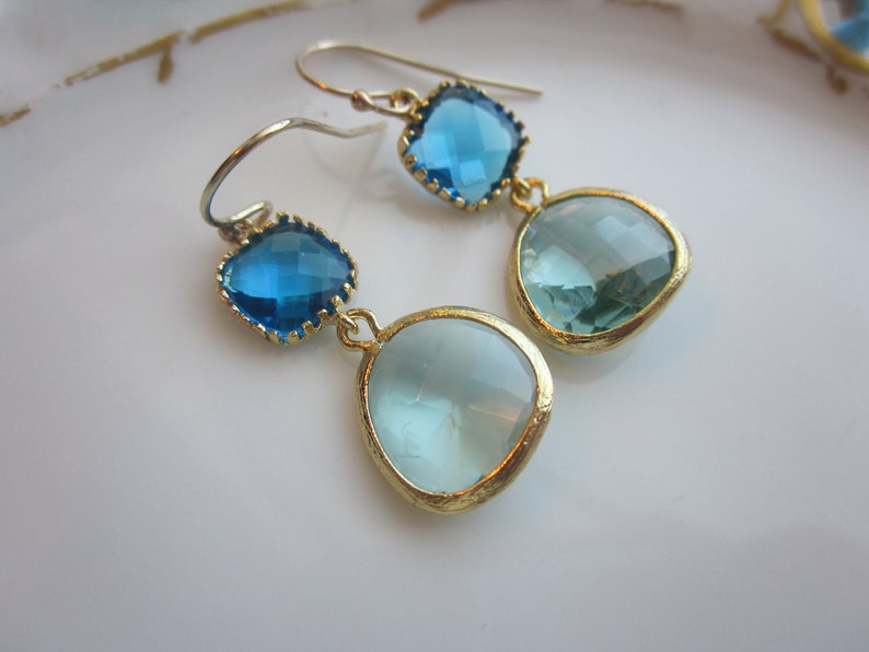 Gold Prasiolite Earrings Sea Blue Square Two Tier Bridesmaid Earrings Bridal Earrings Wedding Earrings image 5
