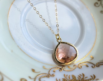 Large Peach Pink Necklace Champagne Blush Pendant Necklace Jewelry Gold Plated Wedding Jewelry - Blush Bridesmaid Jewelry - Bridal Necklace
