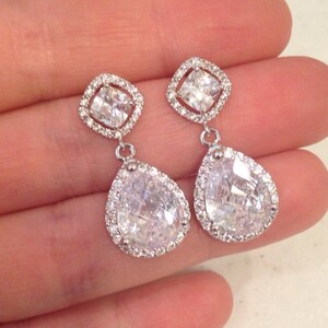 Large Silver Two Tiered Teardrop Crystal CZ Earrings - Stud Post Sterling Silver Crystal Clear Earrings - Crystal Jewelry - Bridal Earrings