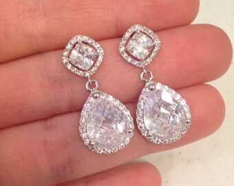 Large Silver Two Tiered Teardrop Crystal CZ Earrings - Stud Post Sterling Silver Crystal Clear Earrings - Crystal Jewelry - Bridal Earrings