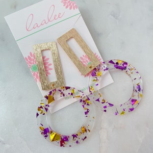 Statement Earrings, Purple and Gold Gameday Earrings, Gameday Jewelry, Sports Fan Jewelry, Acrylic Jewelry, Bold Statement Earrings