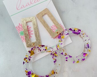 Statement Earrings, Purple and Gold Gameday Earrings, Gameday Jewelry, Sports Fan Jewelry, Acrylic Jewelry, Bold Statement Earrings