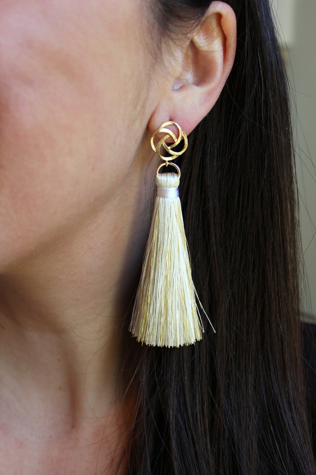 Gold Stud Earrings, Gold Tassel Earrings, White and Gold Earrings ...