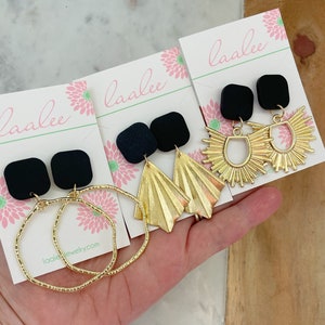 Gold Statement Jewelry, Black and Gold, Hoop Earrings, Fan Earrings, Stud Earrings, Everyday Jewelry, Gift For Her, Gameday Jewelry Football