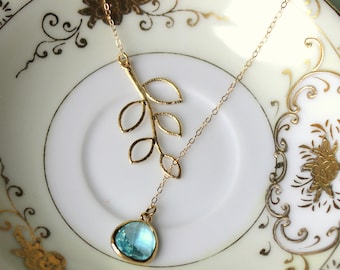 Aquamarine Lariat Necklace Aqua Blue Lariat Leaf Gold Necklace - Bridal Necklace - Bridesmaid Lariat Necklace - Bridesmaid Jewelry Wedding