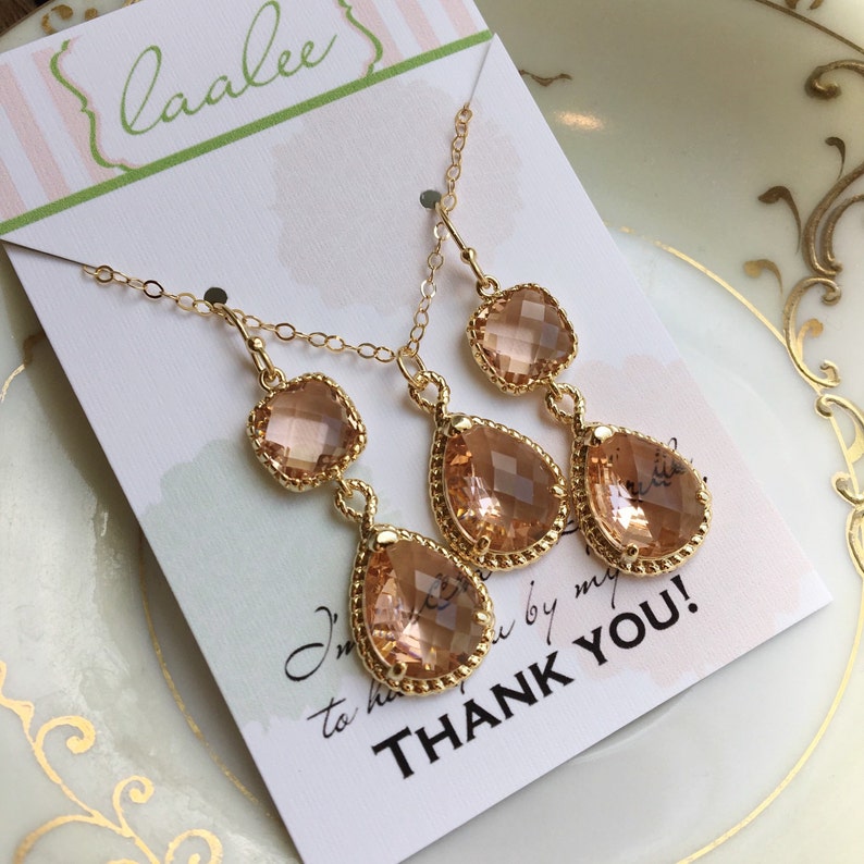 Blush Jewelry Set, Gold Blush Earrings, Blush Bridal Set, Champagne Earrings, Blush Bridesmaid Jewelry, Thank you for being my Bridesmaid image 1