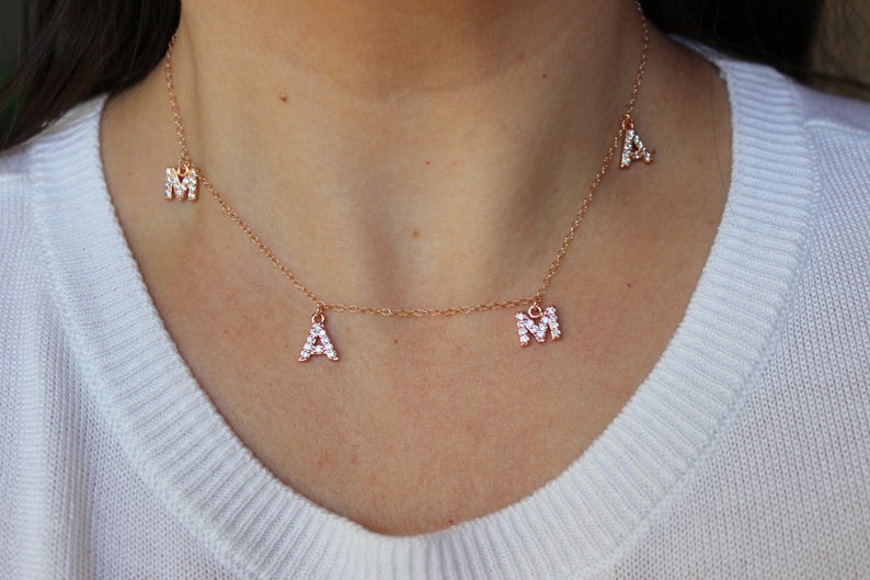 Rose Gold Mama Necklace, Crystal Mama Necklace, Custom Name Necklace, Personalized Jewelry, Mama Letter Necklace, Mom Necklace, Gift for Mom image 1