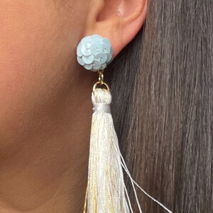Gold Tassel Earrings, Blue and Gold Earrings, Gameday Jewelry, Fringe Tassel Earrings, Statement Jewelry, Team Jewelry, Blue Sequin Stud