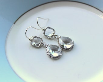 Silver Clear Earrings Crystal - Two Tier Teardrop Earrings - Bridesmaid Earrings - Bridal Earrings - Bridesmaid Jewelry - Wedding Earrings