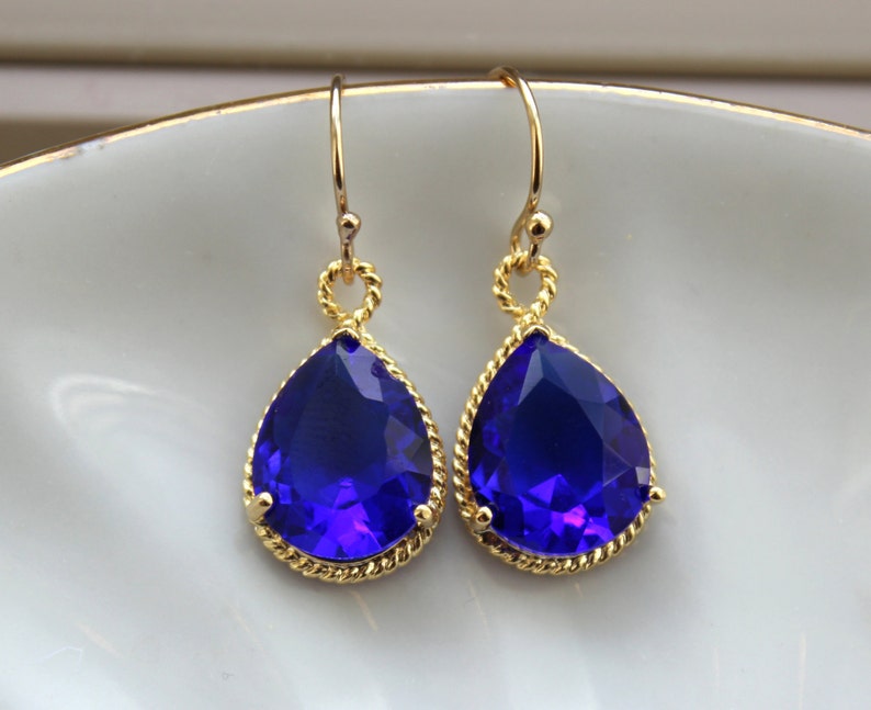 Gold Cobalt Blue Earrings Electric Blue Jewelry Earrings Bridesmaid Earrings Electric Blue Wedding Jewelry Bridal Earrings Cobalt Wedding image 2