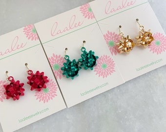 Ribbon Earrings, Bow Earrings, Red Green and Gold, Christmas Jewelry, Gift For Her, Christmas Earrings, Holiday Gift Idea, Gift Under 20