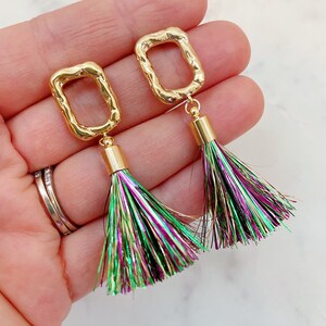 Mardi Gras Earrings, Mardi Gras Jewelry, Mardi Gras Accessories, Tinsel Tassel Earrings, Tassel Jewelry, Gold Tassel Earrings, Statement