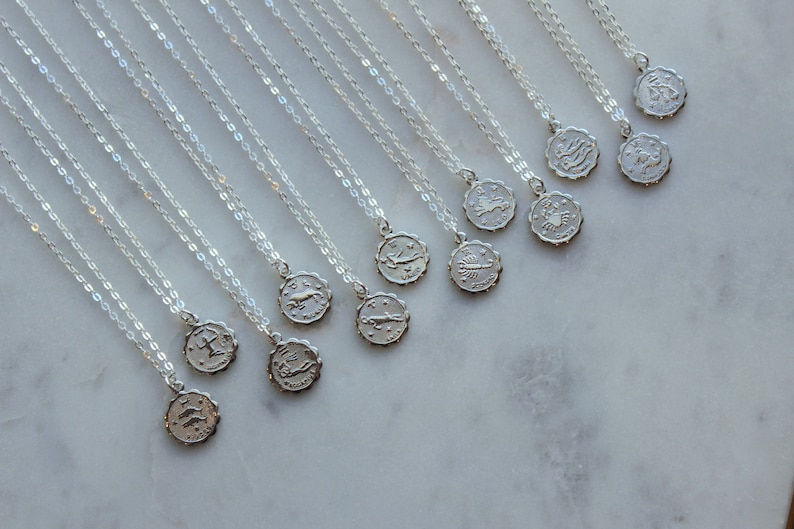Puede incluir: Un conjunto de collares de plata con colgantes de signos del zod&iacute;aco. Cada collar presenta un s&iacute;mbolo del zod&iacute;aco diferente, incluidos Aries, Tauro, G&eacute;minis, C&aacute;ncer, Leo, Virgo, Libra, Escorpio, Sagitario, Capricornio, Acuario y Piscis.