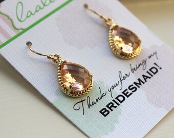 Blush Champagne Earrings Personalized Card Jewelry Pink Peach Earrings Gold - Thank you for being my bridesmaid - Wedding Earrings Jewelry