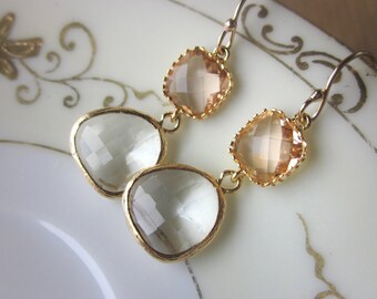 Champagne pendientes de melocotón cristal blush oro chapado - pendientes de dama de honor - pendientes de boda - joyería de boda