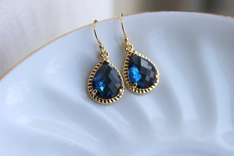 Sapphire Earrings Navy Blue Teardrop Gold Navy Bridesmaid Etsy