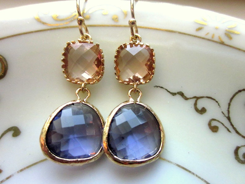 Champagne Peach Earrings Tanzanite Purple Earrings Gold Bridesmaid Earrings Valentines Day Gift Wedding Earrings image 2