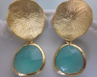 Aqua Blue Mint Earrings Gold Mushroom Coral - Sterling Silver Posts - Bridesmaid Earrings - Wedding Earrings Mint Wedding Jewelry
