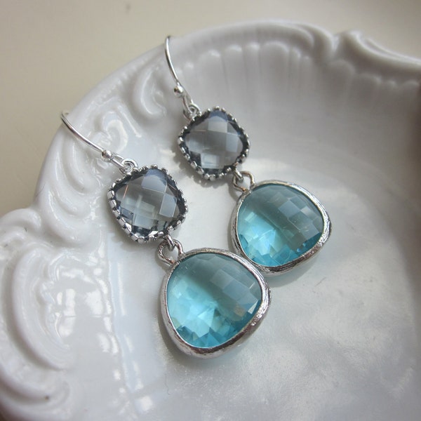 Silver Charcoal Gray Earrings Aquamarine Earrings Blue Two Tier - Bridesmaid Earrings - Bridal Earrings - Wedding Earrings - Christmas Gift