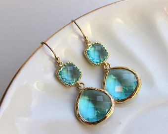 Large Gold Aquamarine Earrings Aqua Blue Jewelry - Aquamarine Bridesmaid Earrings Blue Wedding Earrings Something Blue Jewelry - Turquoise