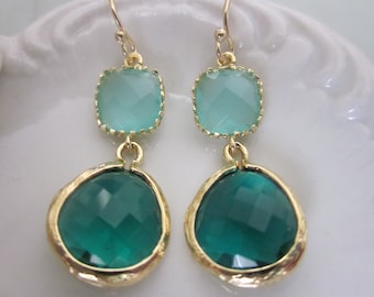 Emerald Green Earrings Aqua Mint Blue Earrings Gold - Bridesmaid Earrings Wedding Earrings Bridesmaid Jewelry Wedding Jewelry