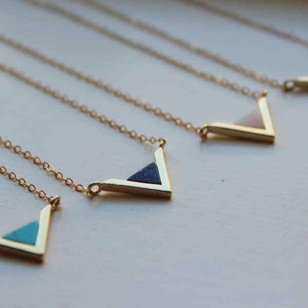 Gold Triangle Necklace, Triangle Jewelry Geometric Necklace Turquoise Mint Labradorite Lapis Marble Stone Minimalist Jewelry Christmas Gift