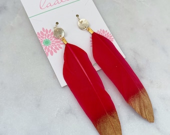 Red Feather Earrings, Gold Dipped Feather Jewelry, Bohemian Jewelry, Gold Disc Earrings, Red Statement Earrings, Christmas Gift